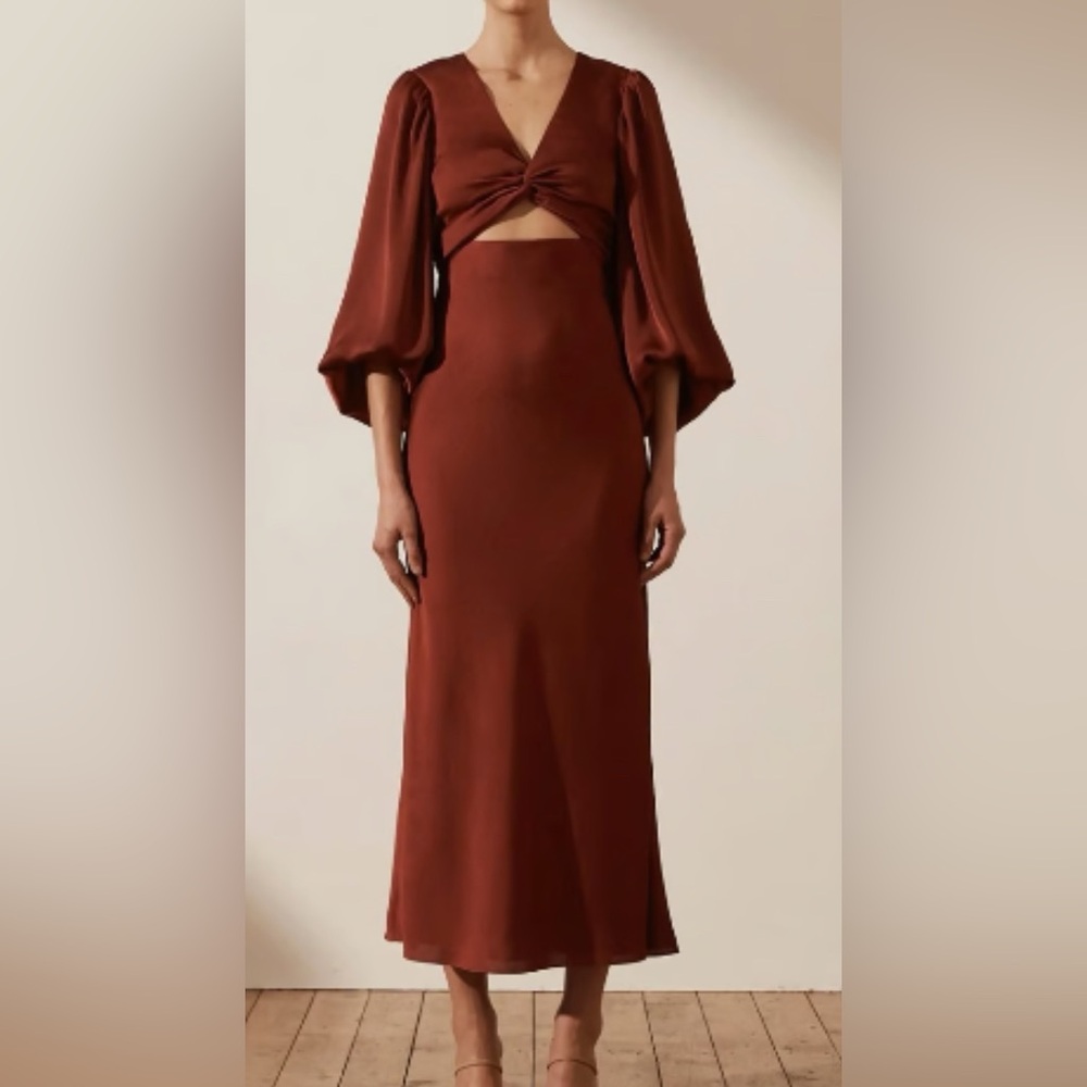 luxe twist balloon sleeve midi sangria dress by shona joy